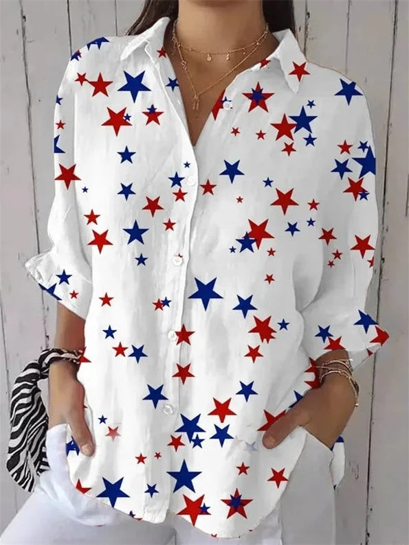 Women 3/4 Sleeve Shirt Collar Star Printed Graphic Button Tops