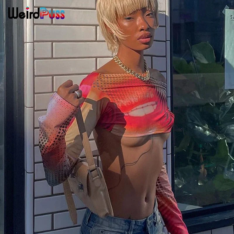 Weird Puss Y2K Colorful Print Crop Tops Women Sexy Backless Long Sleeve T-Shirts Hipster Skinny Hip Hop Tees Autumn Streetwear