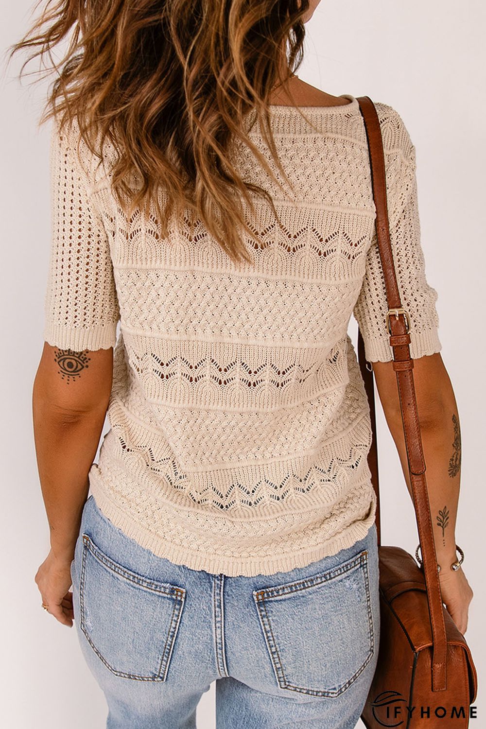 Apricot Crochet Hollow-out Short Sleeve T-shirt | IFYHOME