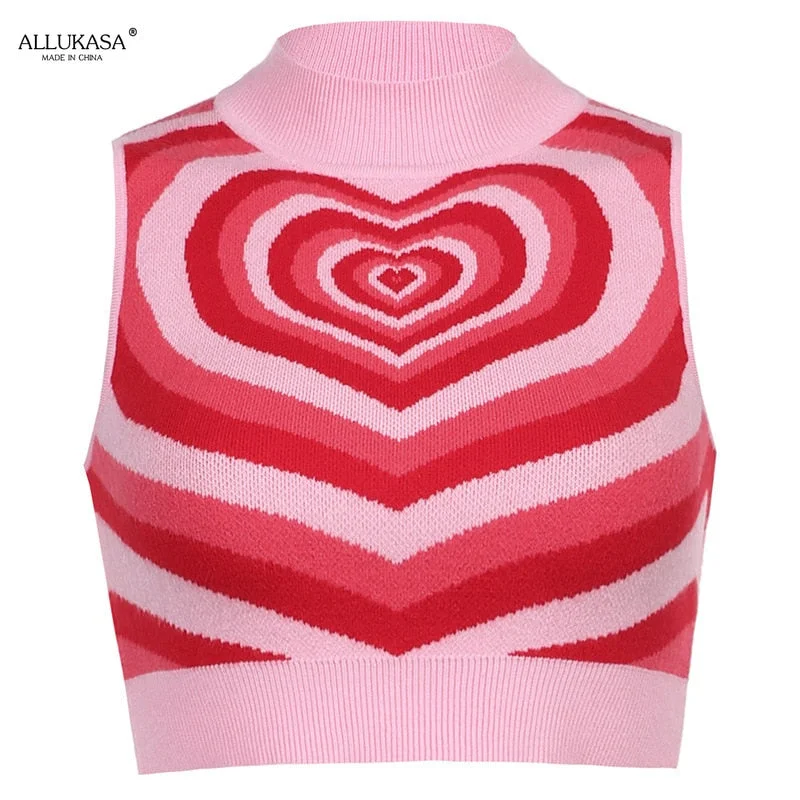 Y2K Aesthetics Heart Striped Turtleneck Pullovers E-girl Sweet Long Sleeve Hot Pink woman sweaters Harajuku 90s Knitwear  Autumn