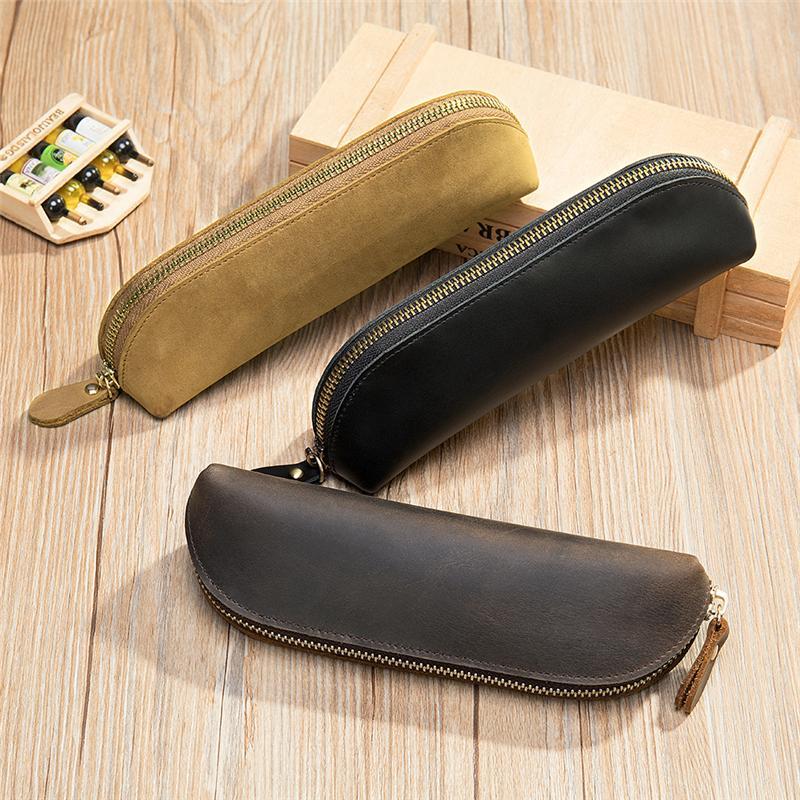 Genuine Leather Zippered Main Compartment Mobile Office Pencil USB Pouch Protection Bag