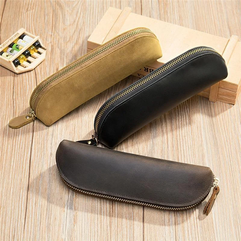 Genuine Leather Zippered Main Compartment Mobile Office Pencil USB Pouch Protection Bag