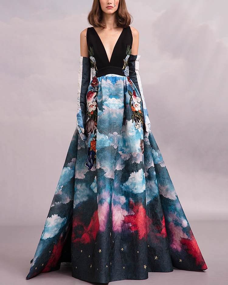 art tie dye floral maxi dress gown