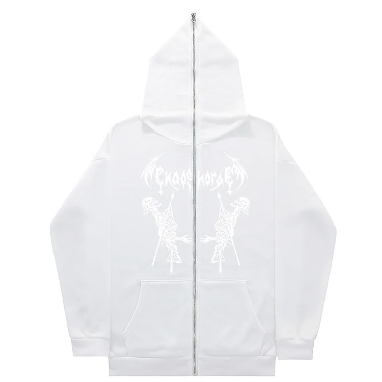 Hip Hop Skull Print Full Zip Up Hoodie Loose Sweatshirt Jacket at Hiphopee