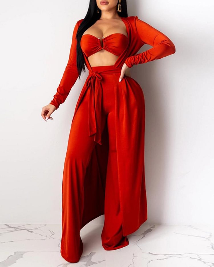 Ruched V Wired Belted Bandeau Top & Pants Set With Coat - Shop Trendy Women's Clothing | LoverChic