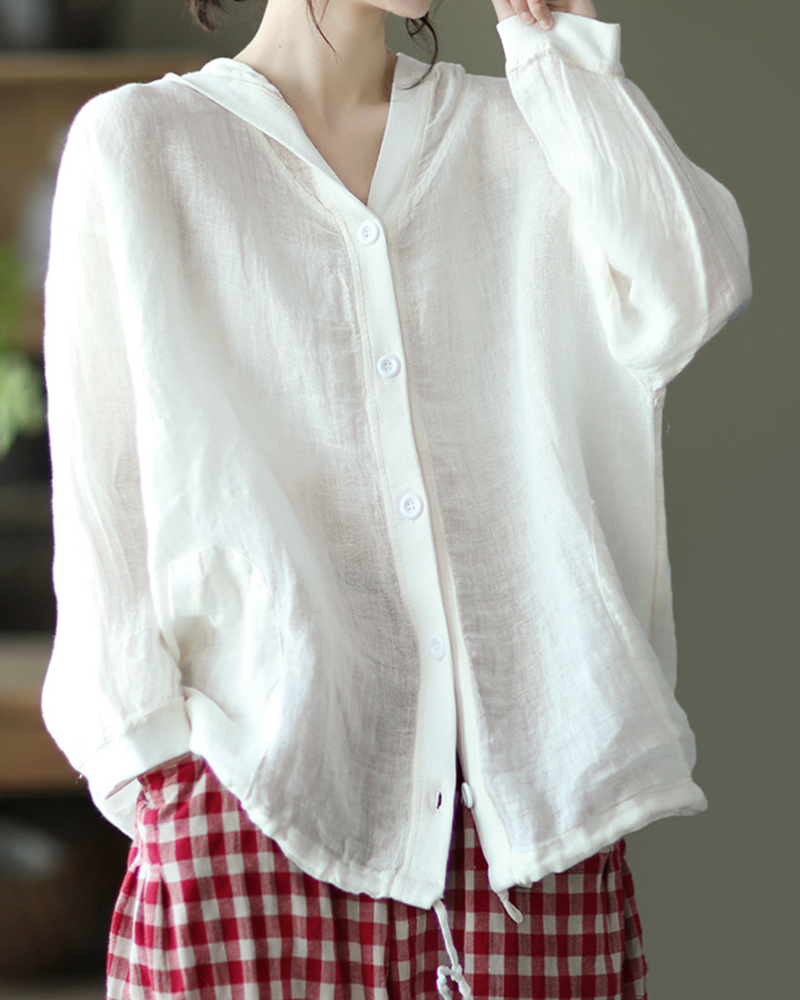 Button Down Patch Pockets Long Sleeve Hoooded Linen Jacket