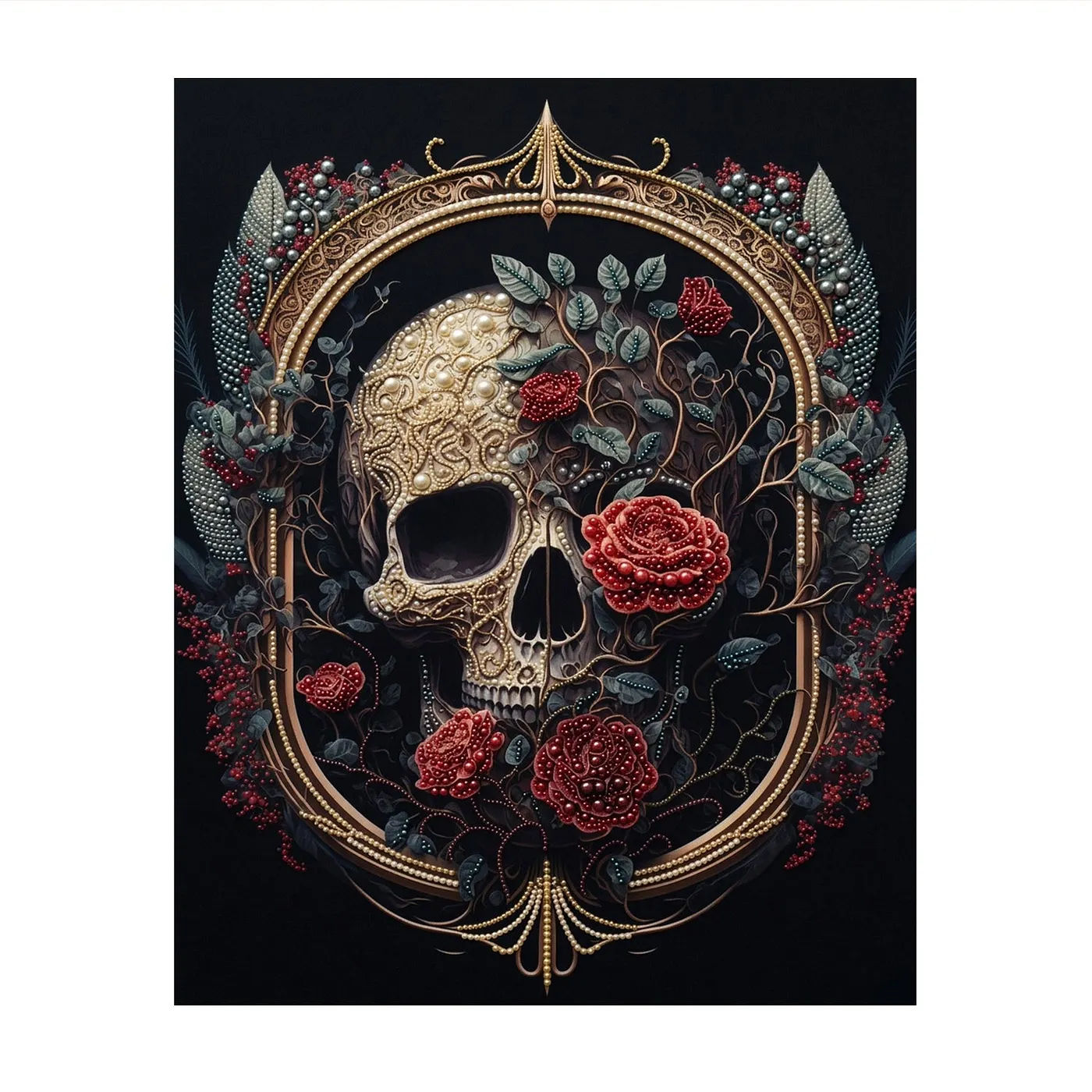 Red Rose Wreath Skull - Pearls Painting