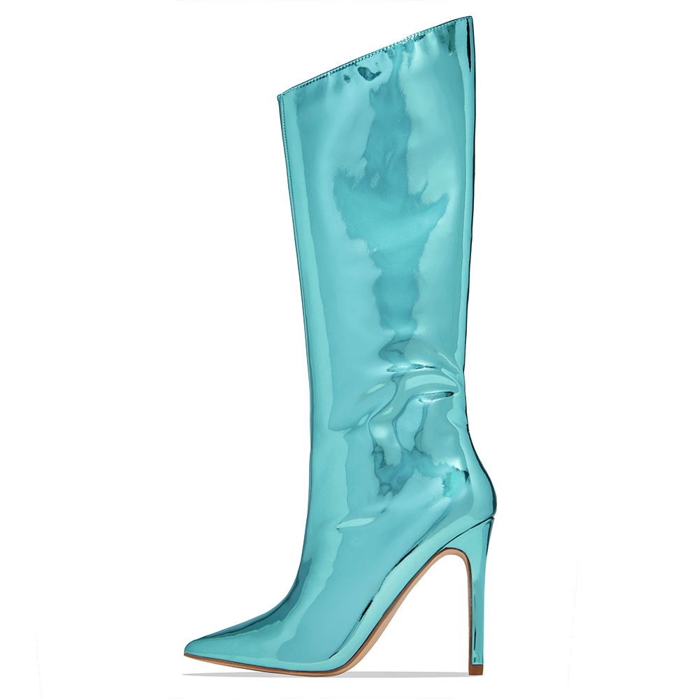 Trendy Turquoise Metallic Pointed Toe High Heel Boots with Zipper Nicepairs