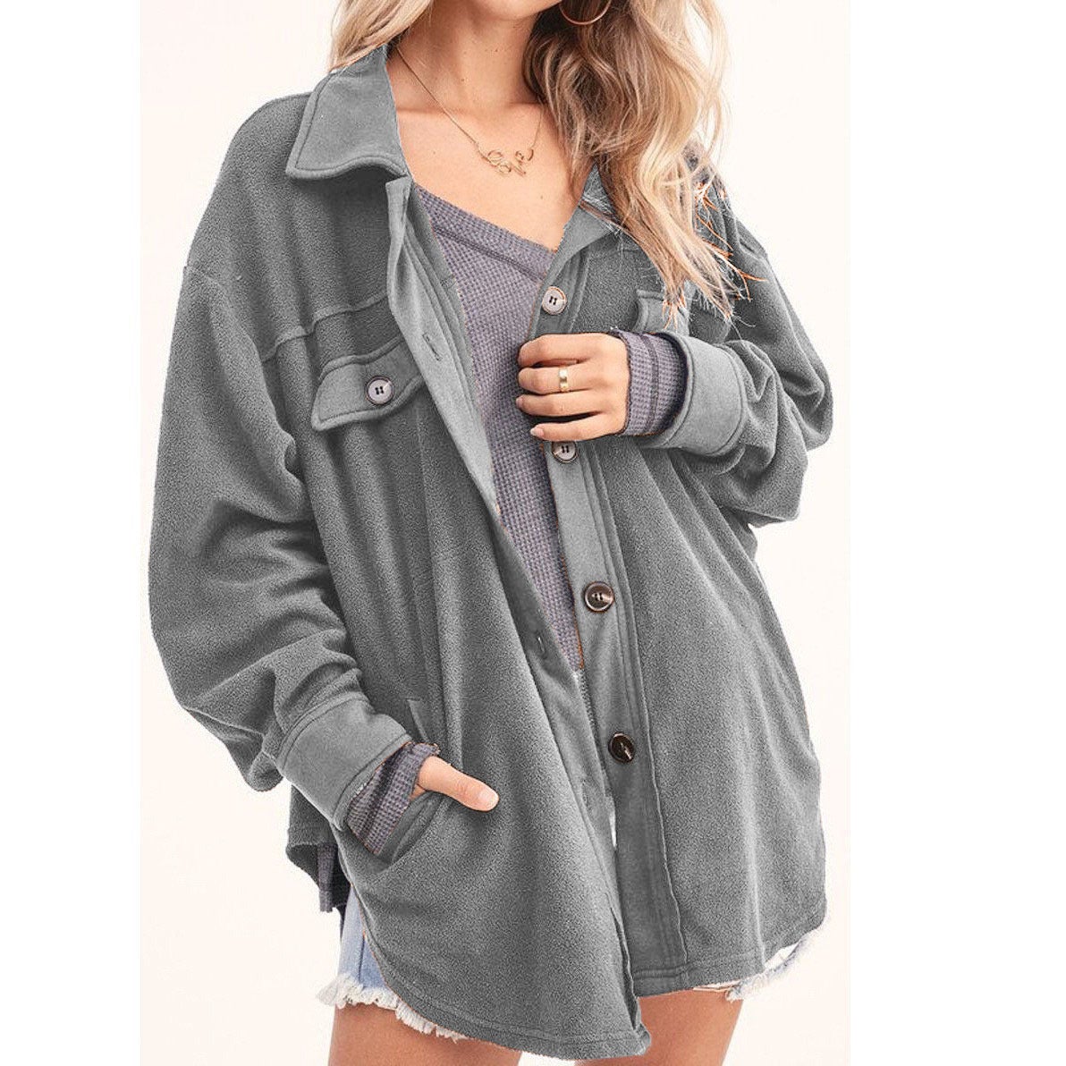  thdmladies New lapel fleece-breasted cardigan jacket shirt thedmladies