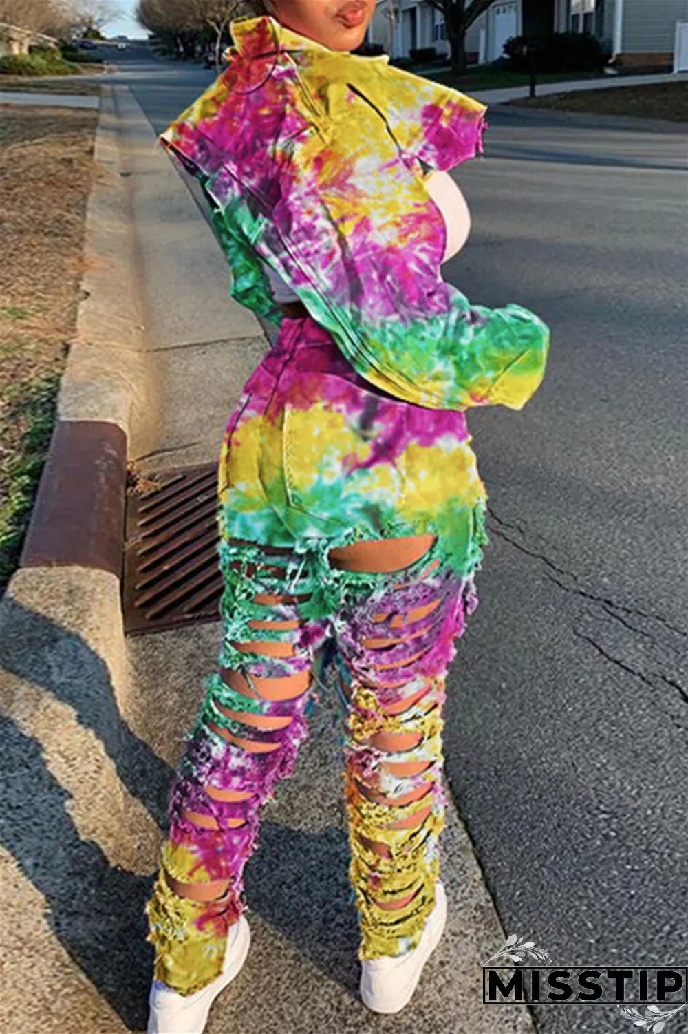 Deep Blue Casual Tie Dye Ripped Turndown Collar Long Sleeve Two Pieces