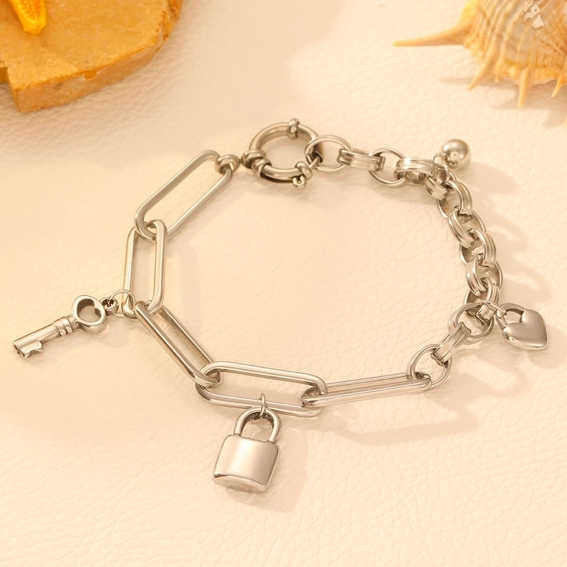 Elegant Heart Shape Key Lock Titanium Steel 18K Gold Plated Paperclip Chain Belcher Chain Bracelets In Bulk