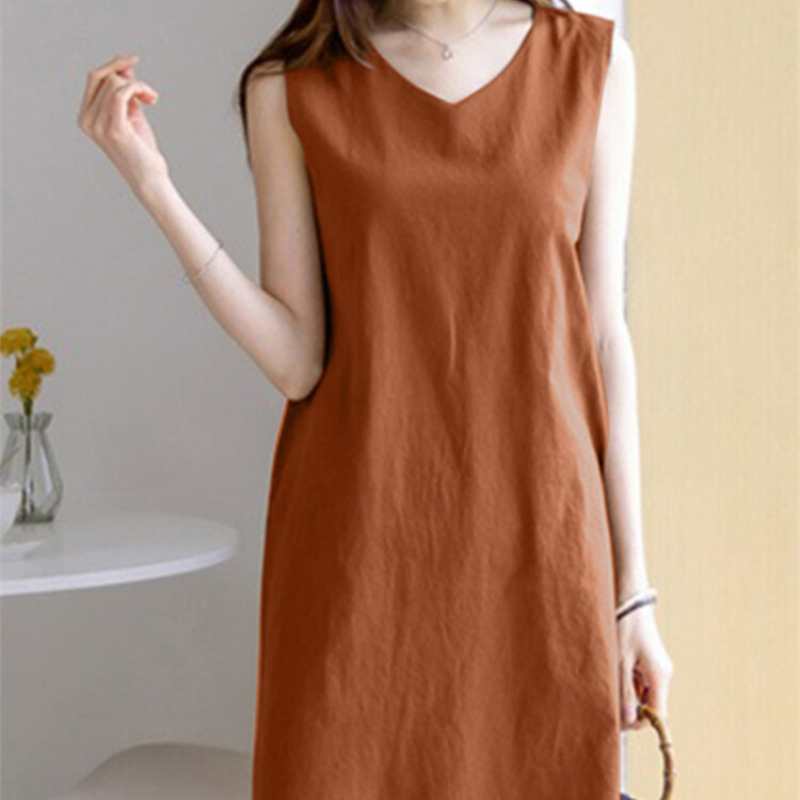 Casual Sleeveless V Neck Cotton Linen Vest Loose Chic and Elegant Dress