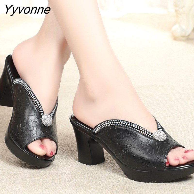 Yyvonne Crystal Platform Sandals Women 2022 Peep Toe Casual Slippers Woman Summer Shoes on Heels Outdoor Black High Heel Slides