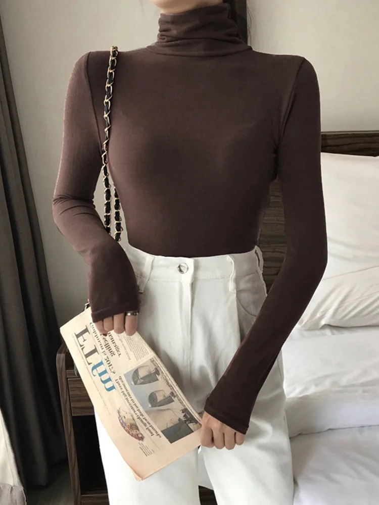 Black White Turtleneck Female T-shirts autumn Fashion Elegant Women solid Long Sleeve T shirt slim Casual basic Tee top