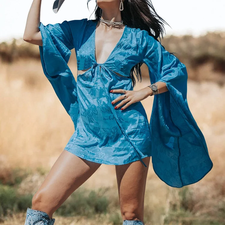 V-Neck Hollow Bell Sleeve Dress
