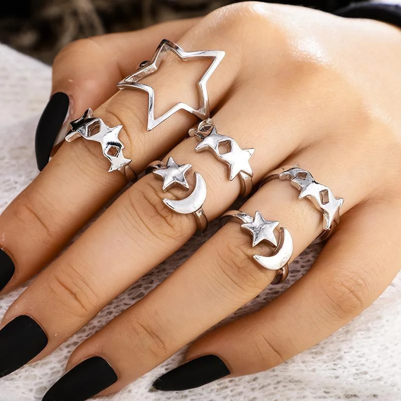 Women plus size clothing 7 Piece Set Geometric Five-pointed Star Moon Ring Wholesale Cheap Jewelry-Nordswear