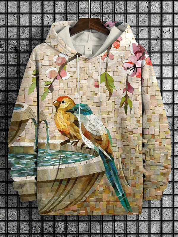 Men's Cobblestones Mosaic Art Bird By The Pool Print Casual Hoodie