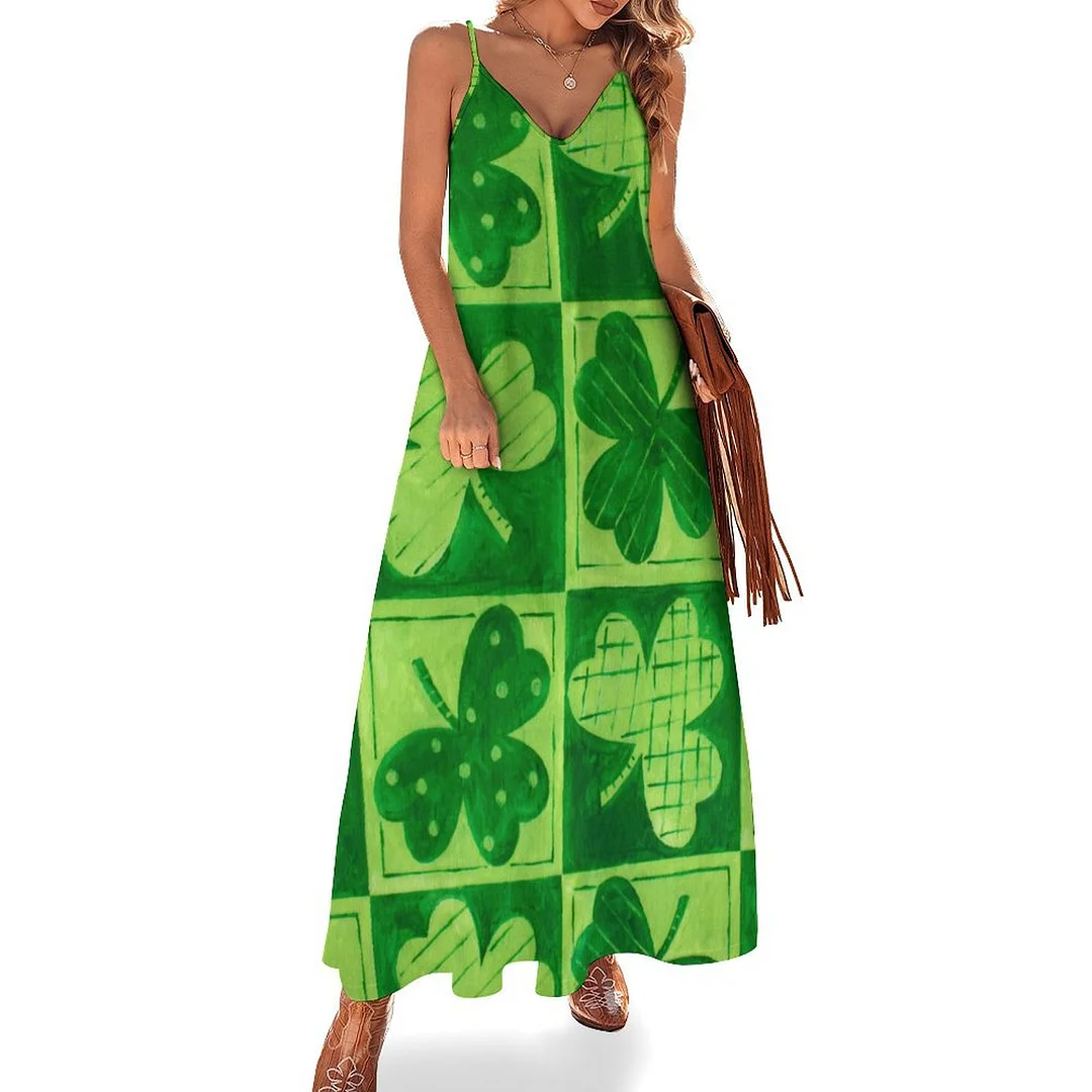 Style & Comfort for Mature Women Plus Size Printed Sling Casual Women Maxi Dress in Pattern St. Patrick's Day, Green, Clover, Lucky