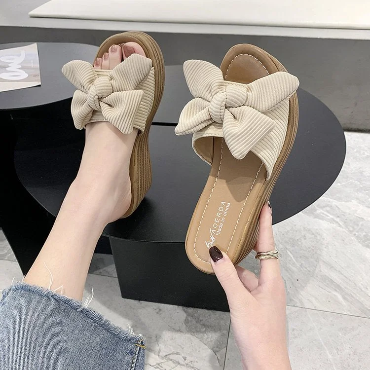 2021 New Summer 7cm Platform Wedge Slippers Women Shoes Butterfly-knot Clog Fabric Bow Mules Flip Flop Light Slides