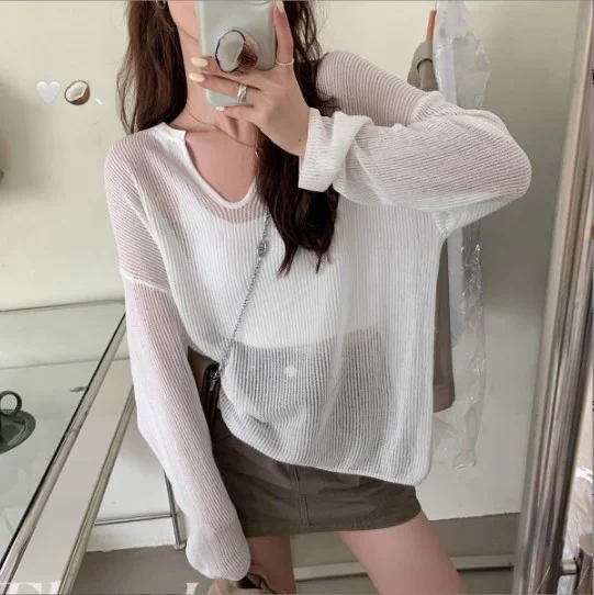Toloer Toloer New Korean Loose Lazy Wind Long Sleeve Large Version V-Neck Ice Silk Jacket Women's Spring And Summer Thin Hollow Out Sweater-Outfit Ideas
