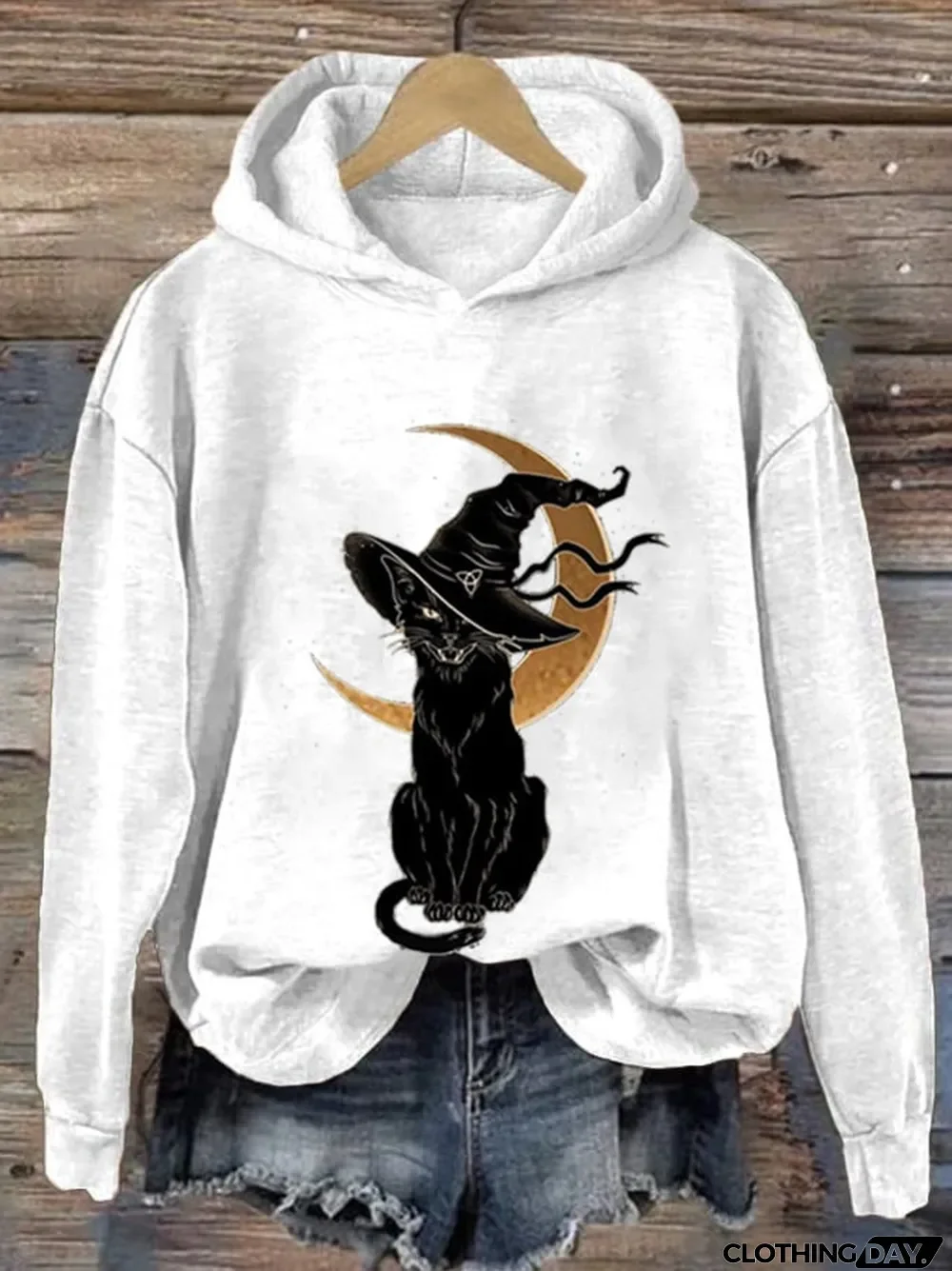 Women's Halloween Moon Cat Witch Print Casual Sweatshirt