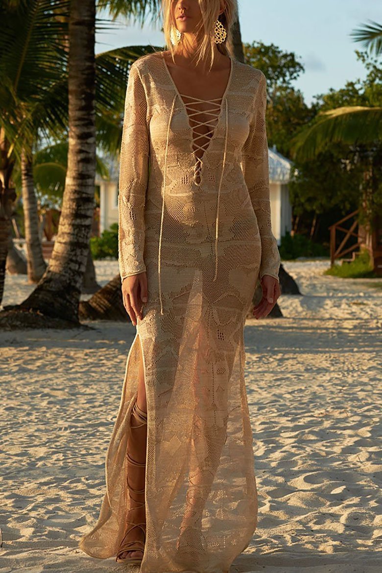 Apricot Lace Up Crochet Sheer Slit Long Beach Cover Up Dress-elleschic