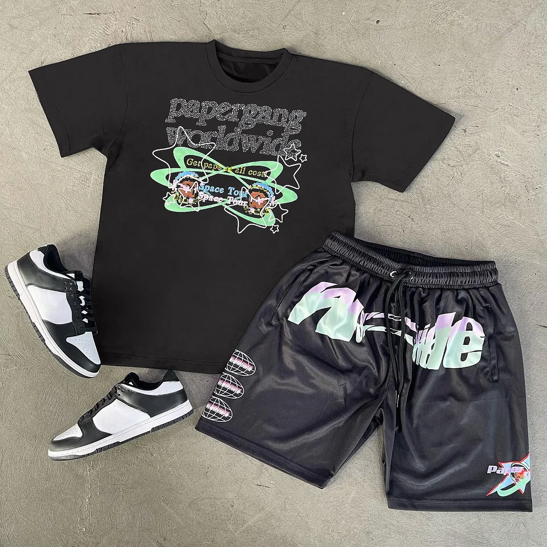 Two-piece set of casual printed T-shirt and shorts