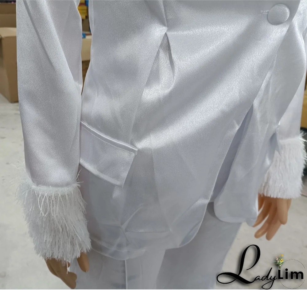 Women's Fashion Two-piece Blazer and Pants Suits with Feather