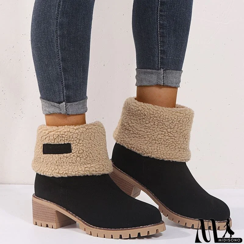 MidiSono - Warm Fur Lining Square Chunky Heel Suede Snow Boots for Women