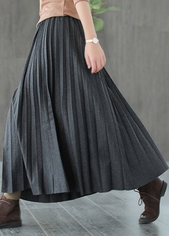 Italian Grey Black Casual Woolen Pleated Fall Skirts CK2232- Fabulory