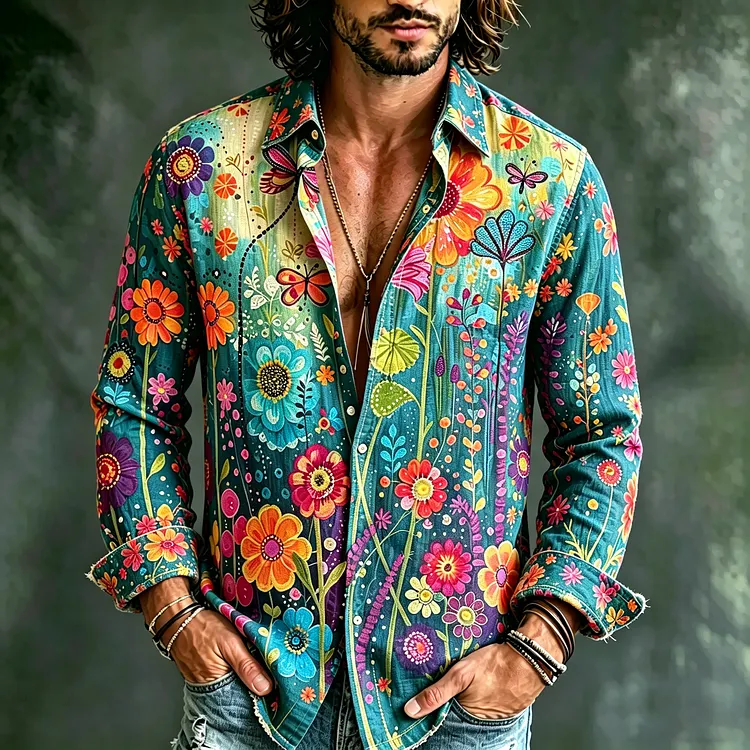 Men's Vintage Floral Art Print Long Sleeves Linen Shirt