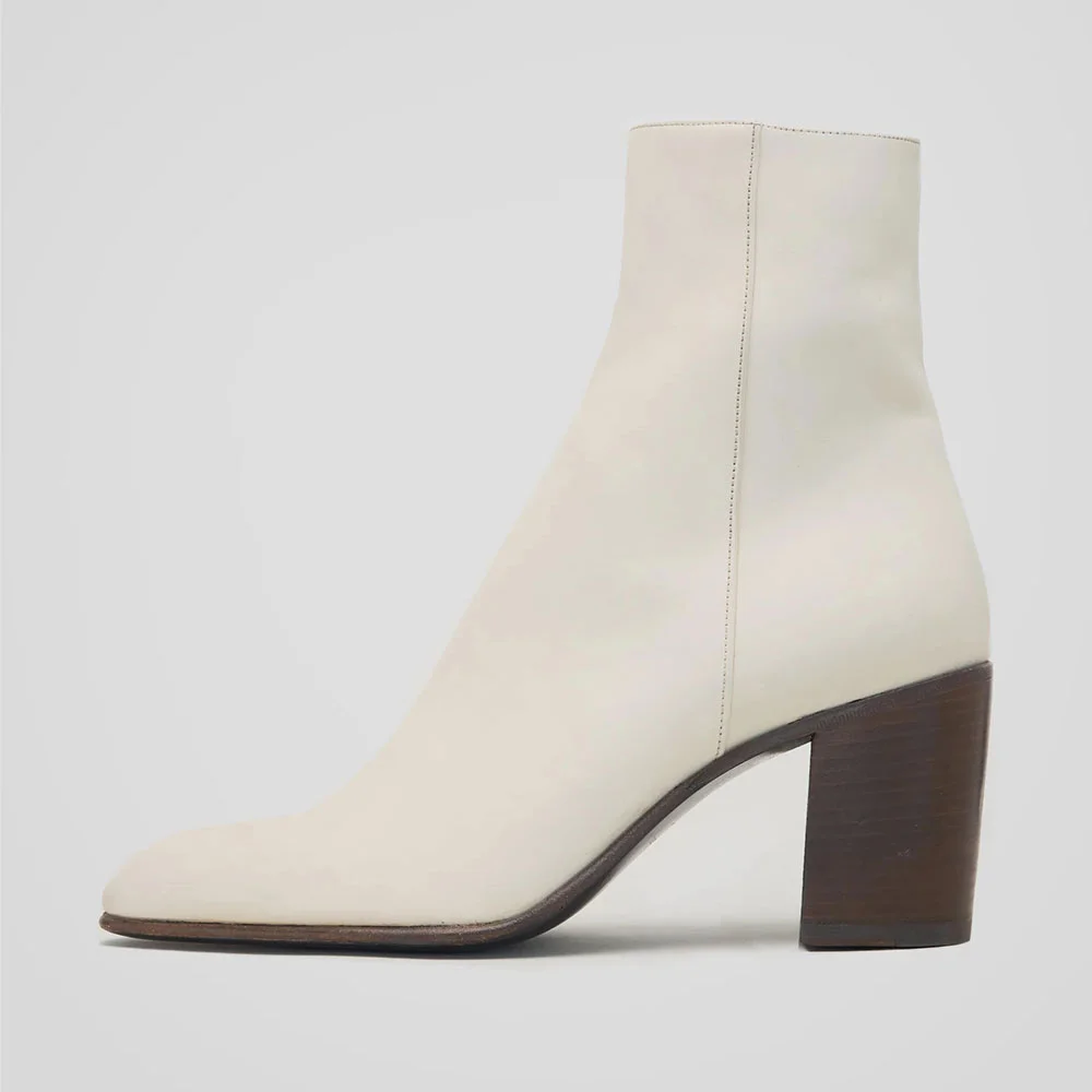 Versatile Ivory Chunky High Heel Zipper Short Booties for Women