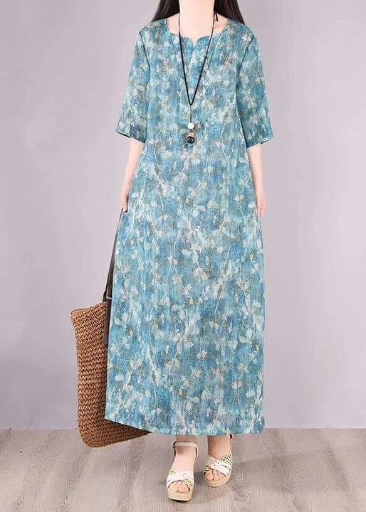 Loose Linen Clothes Women Floral Green Print Pocket Long Dress ( Limited Stock)