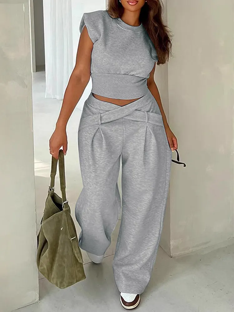 High Waisted Solid Color Split-Joint  Round-Neck Cropped  Sweatershirt  + Twist Pants Two Pieces Set
