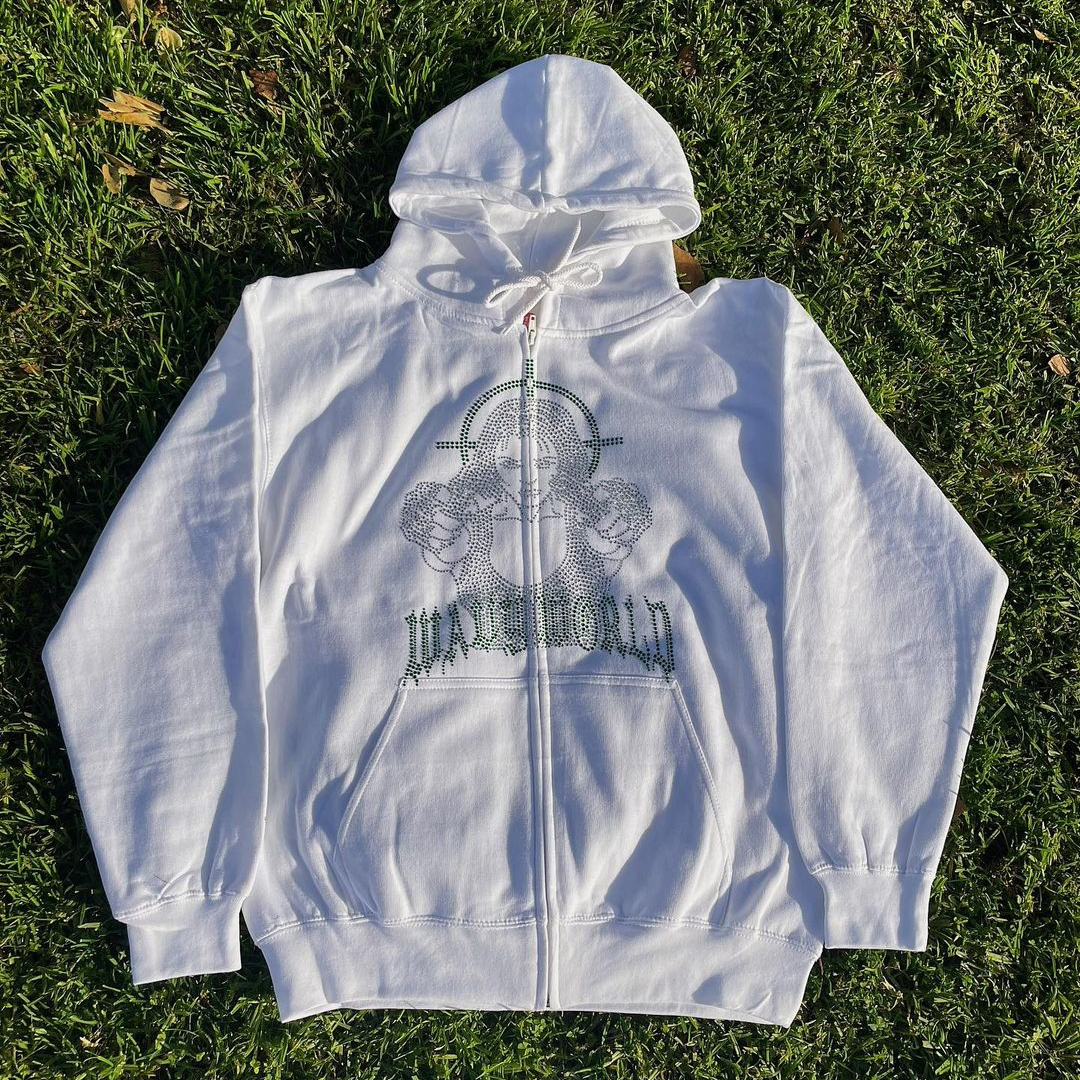 Luckrushonline fall outfits women set American Fashion Rhinestones Skeleton Printing Anime Men Women Long-sleeved Zipper Hoodie Jacket Loose Streetwear Y2K Pullover