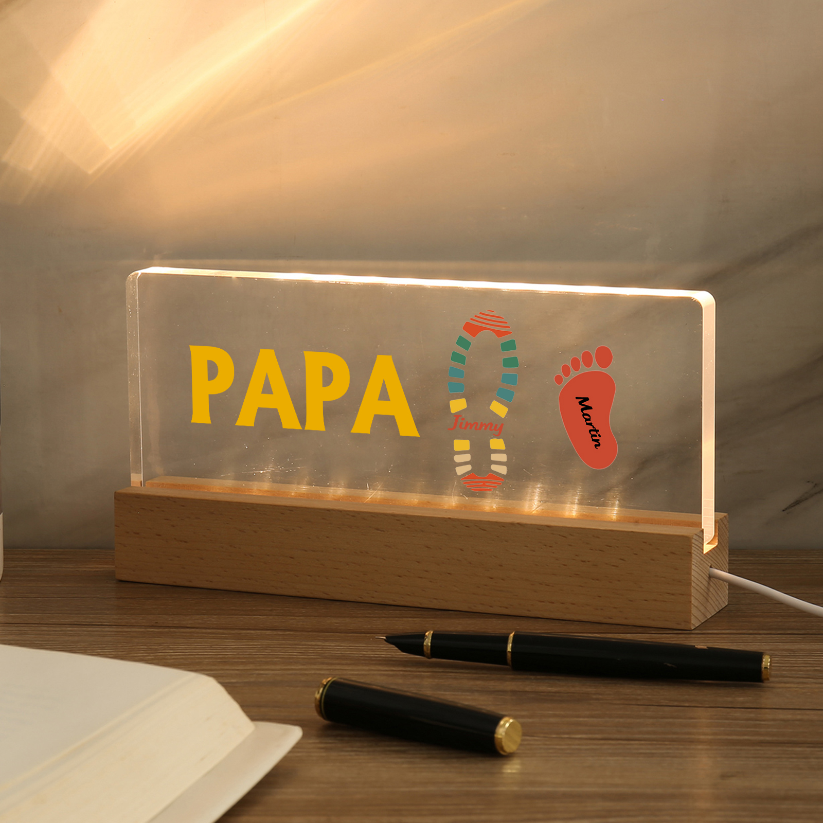 À mon Papa/Papi- Lampe de chevet LED Pieds Bébé 2 Prénoms Personnalisés avec Texte