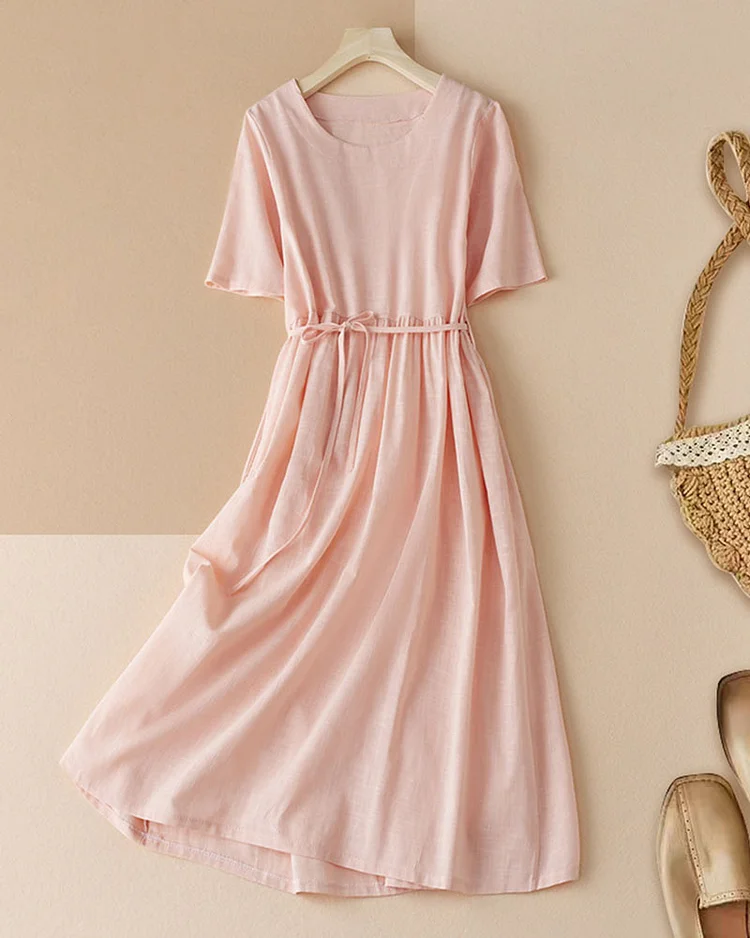 Cotton Linen Round Neck Casual Dress