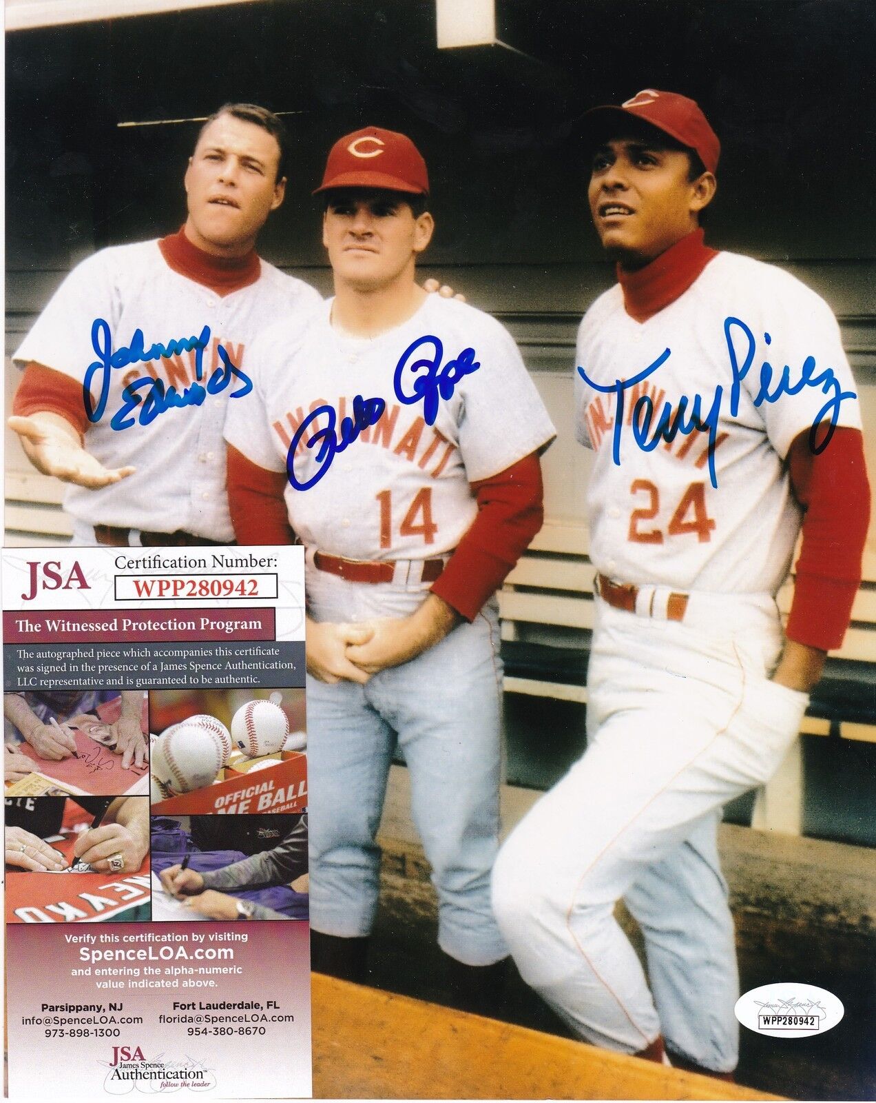 ROSE / PEREZ / EDWARDS CINCINNATI REDS JSA AUTHENTICATED SIGNED 8x10