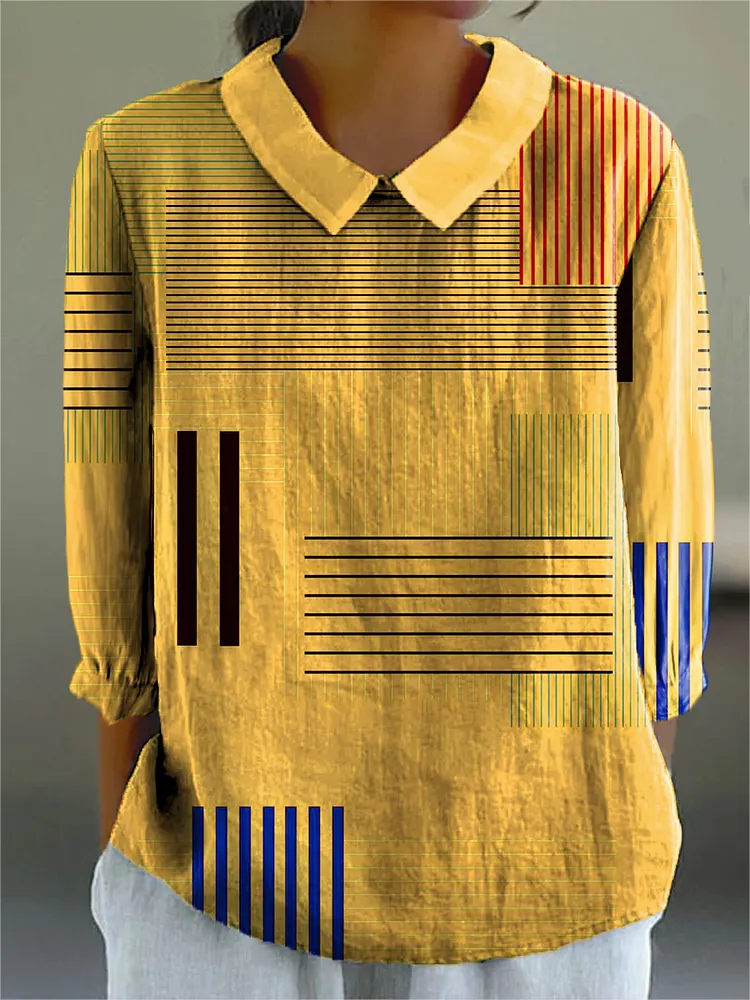 Women's Fashion Color Block Line Art Print Casual Cotton And Linen 3/4 Sleeve Shirt
