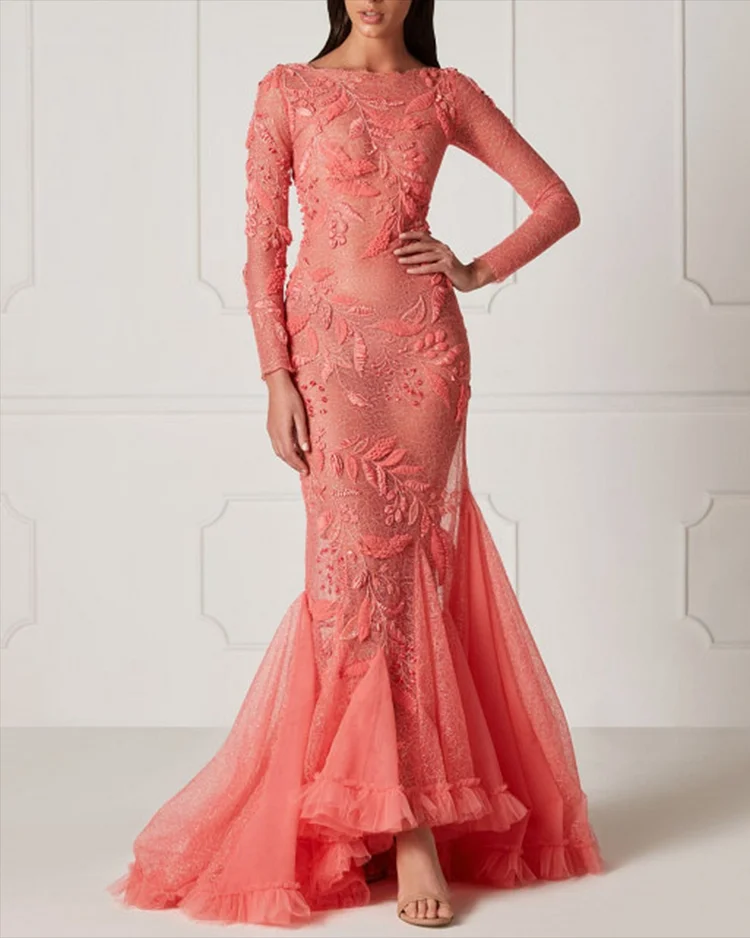 Women's Long Sleeve Mesh Lace Embroidery Dress