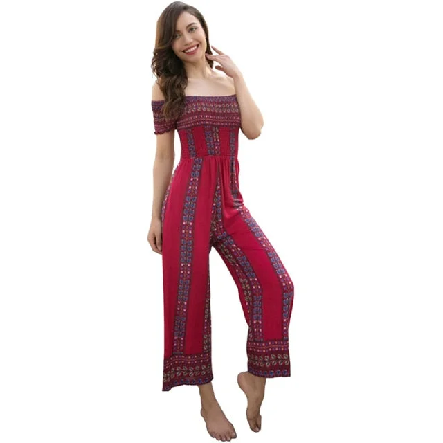 Women Bohe Floral Print Jumpsuits Female Fashion Sexy Boat Neck Off Shoulder Wide Leg Long Pants Jumpsuit Summer Casual Rompers