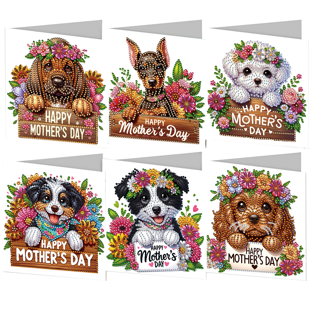 6pcs Mothers Day Dog Diamond Art Cards DIY Handmade Diamond Painting Gift Card