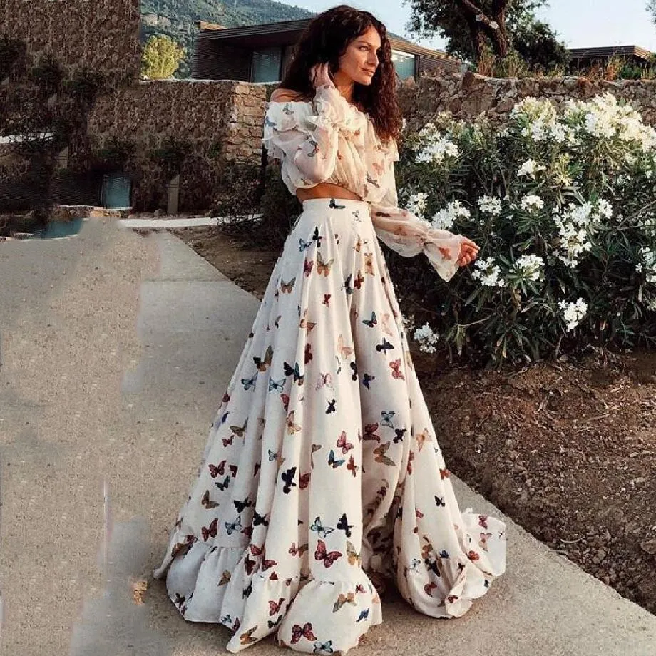 Brownm Brownm Net Red Butterfly Print Two Sets Of Bohemian Large Dress Long Dress Beach Dress