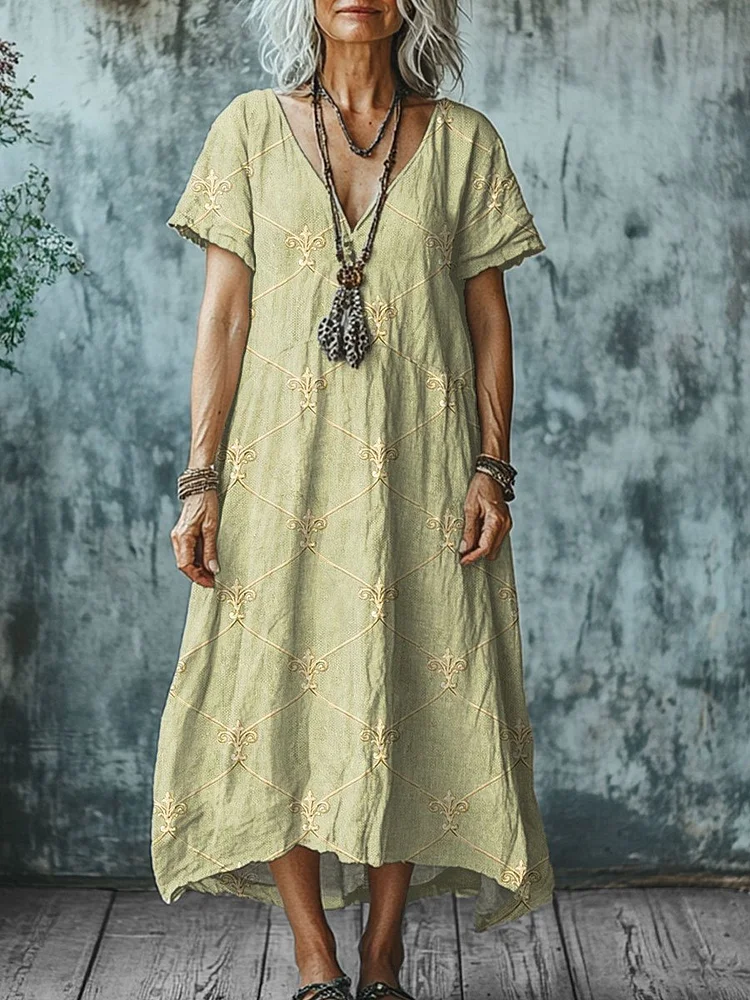 Women's  Vintage  Art Print Pocket Cotton Dress
