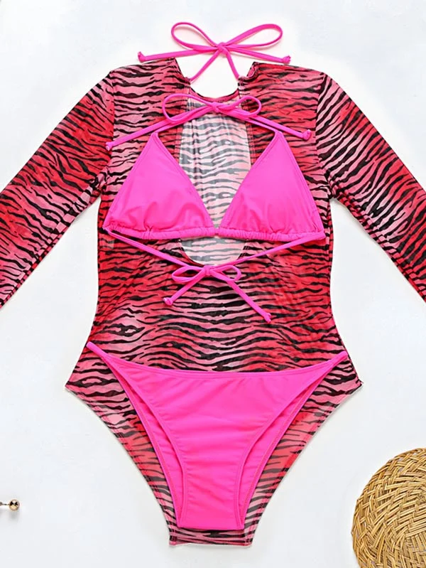 Long Sleeve Zebra Print Mesh Bikini Wetsuit Swimwear