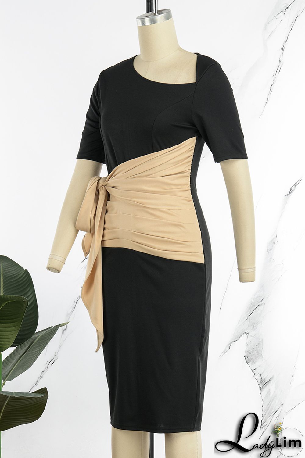 Rose Red Casual Solid Bandage Patchwork Fold Asymmetrical Collar One Step Skirt Dresses