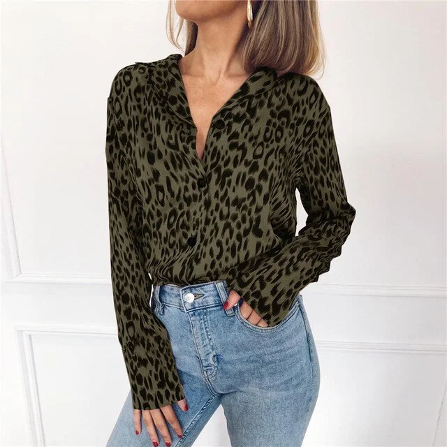 Women Blouses Autumn Vintage Leopard Blouse Long Sleeve Turn Down Collar Lady Office Shirt Loose Tops Plus Size Blusas Chemisier