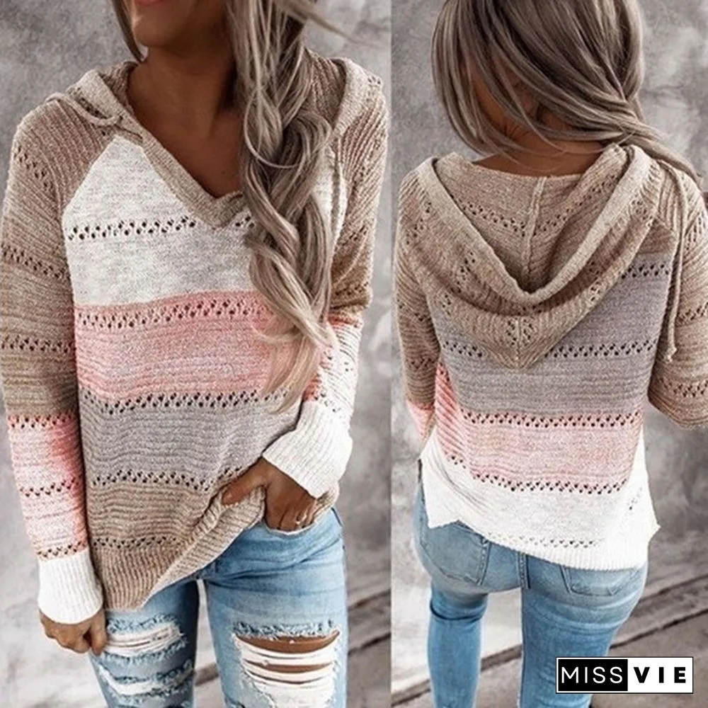 New Fashion Stitching V-neck Hooded Sweaters for Women Autumn Hollow-out Knitted Sweater Color Block Pullover Hoodies Coat