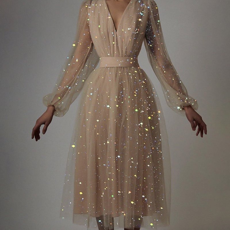 Long sleeve Sparkly Mesh V-neck Dress