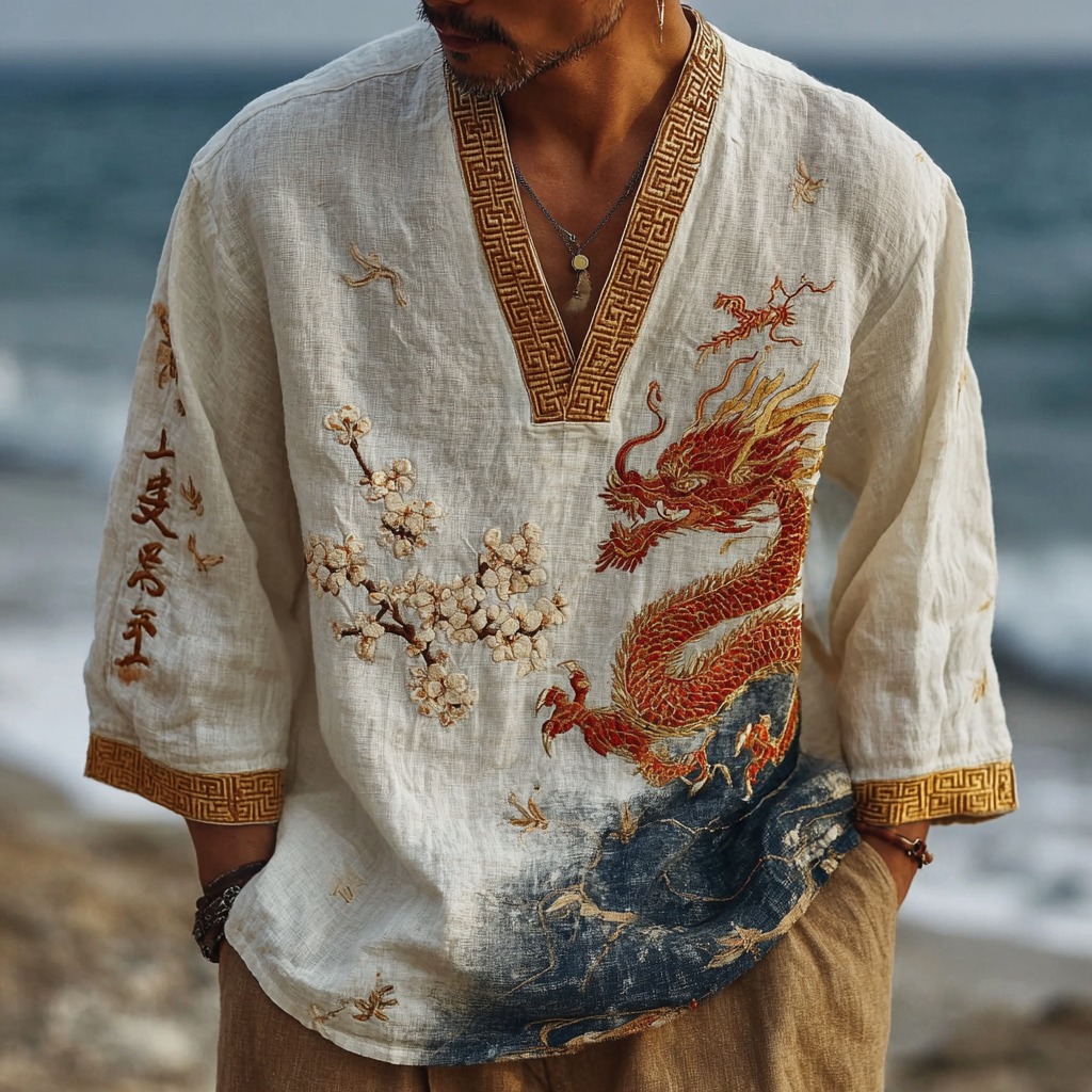 Men's Japanese  Sakura And Dragon Print Casual Long-sleeve T-shirt elevenforest